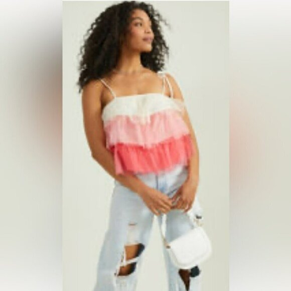 Altar’d State Anastasia Tulle Cami Tank in Pink Cream Tiered Ruffled Size S NWT - Picture 1 of 11